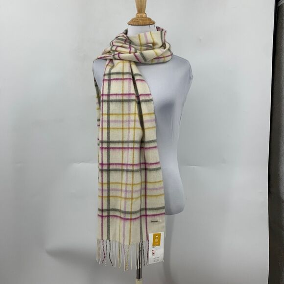 Joules Scarf Womens 72" X 11.5" Beige Berry Fairwell Check Wool Knit Tassel - Picture 2 of 14